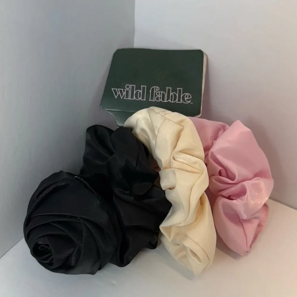 Wild Fable Satin Scrunchie Set Black Cream Pink Hair Ties 3 Pack NEW